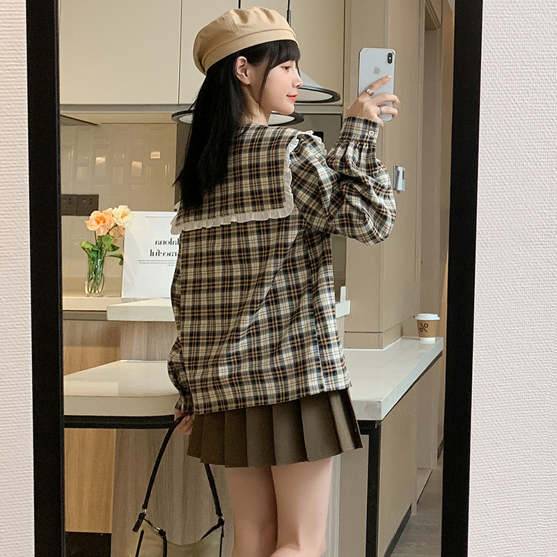 5折价1399元唐狮春季新款格子衬衫女娃娃领长袖衬衫甜美学院风百搭