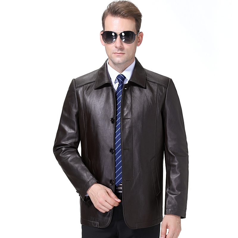 海宁真皮皮衣男秋冬爸爸装皮衣加绒加厚款中老年老爸冬装外套老人中年男士皮夹克男冬季金利来阿玛尼花花公子雅戈尔劲霸七匹狼同款 175/92A 1901纯皮棕色不加绒