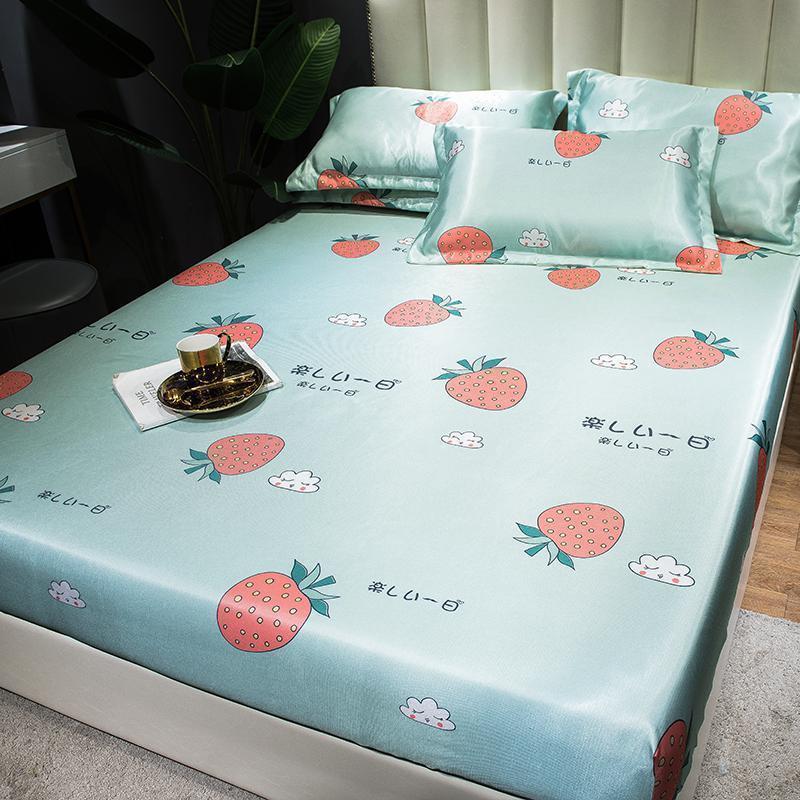 美帮汇床笠款冰丝凉席三件套1.8m床可水洗折叠夏季1.5米防滑空调软席子 草莓心语 1.5m（5英尺）床