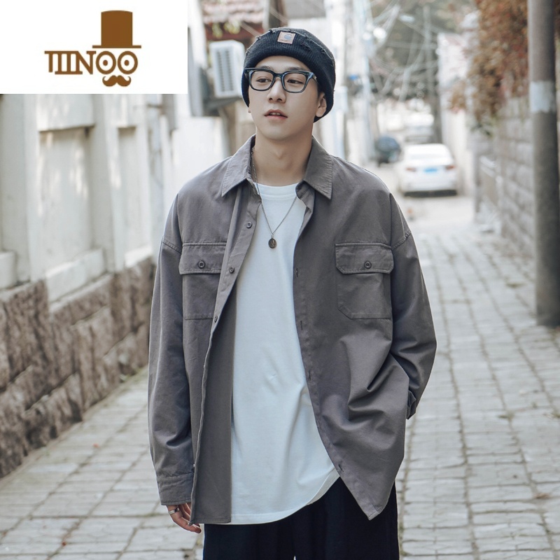 YANXU长袖衬衫男生潮牌宽松休闲工装纯色日系防晒外套韩版衬休外工高清大图