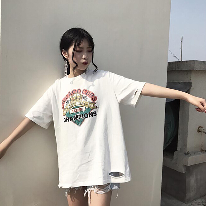 2018新款夏装女学生T恤女破洞体恤女宽松韩版短袖中长款上衣