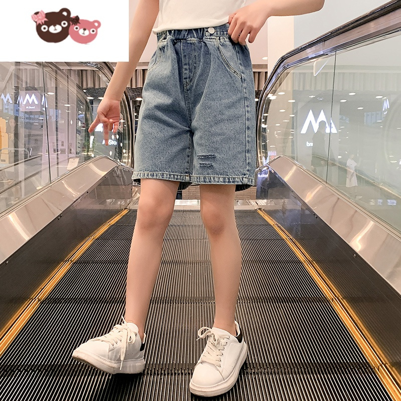 绿彩虹光女童牛仔短裤夏装2022新款童装夏洋气时髦中大童女孩儿童裤子夏季