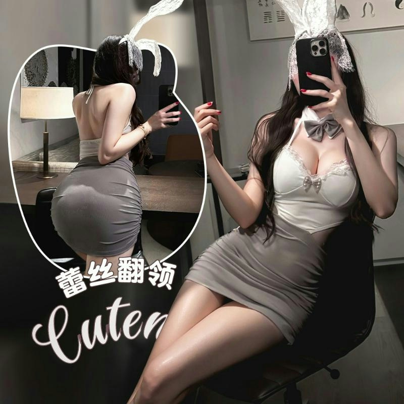 硕遥纯欲辣妹蕾丝蝴蝶结挂脖翻领性感镂空露背修身情趣内衣女714高清大图
