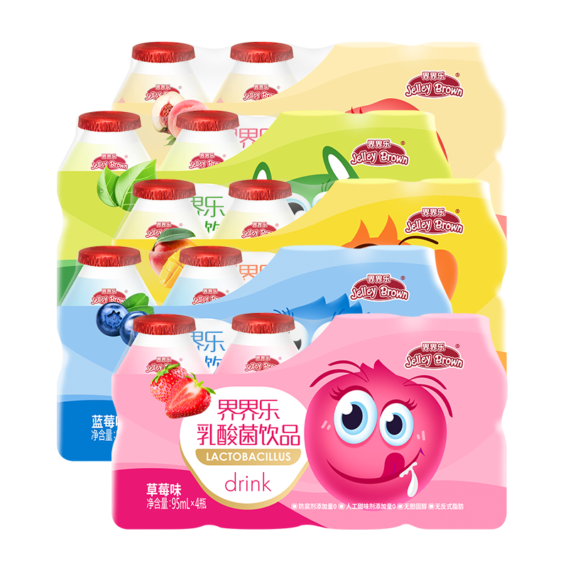 界界乐(Jelley Brown)小怪兽缤纷口味乳酸菌饮料果汁95ml*24瓶+戒糖乳酸菌水2瓶 礼盒装