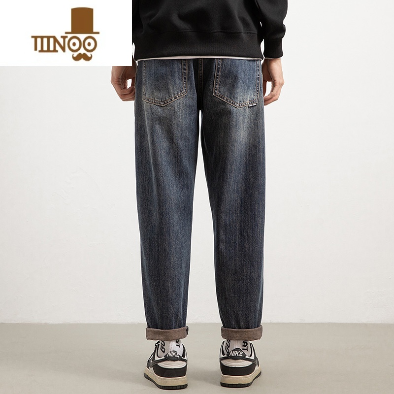 YANXU牛仔裤男士夏季薄款潮牌复古九分裤2023新款宽松直筒弹力休闲裤子高清大图