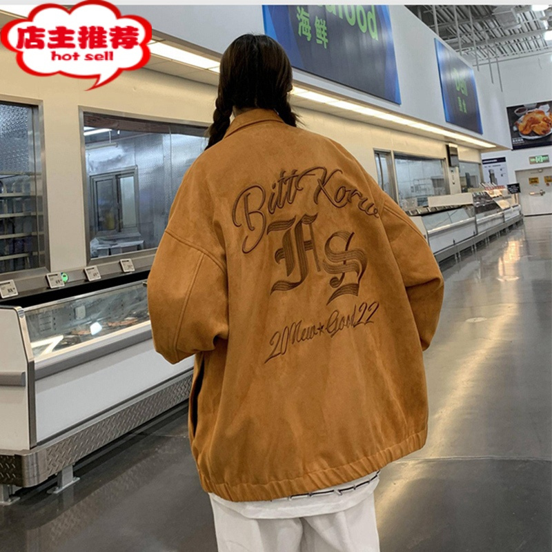SHANCHAO麂皮绒棒球服外套男款潮牌港风潮流飞行员宽松刺绣夹克上衣服