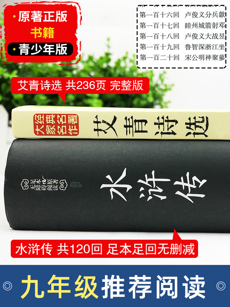 镜花缘 [正版]赠考点艾青诗选和水浒传 原著完整版九年级必读名著初中生全套2册 9年级上册初三学生课外阅读书籍人教版配套高清大图