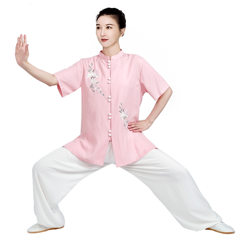 太极服装女新款洋气亚麻棉麻太极拳练功服短袖太极服女夏季