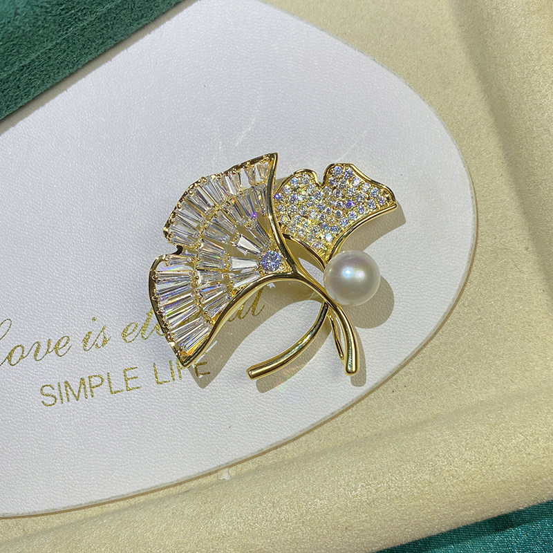 [DIY配件]铜镀金微镶锆石银杏叶胸针女别针 9-10mm珍珠胸花空托(不含珠)高清大图