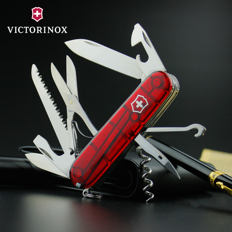 Victorinox维氏瑞士军刀原装正品91MM 透明红猎人1.3713.T 多功能刀瑞进口不锈钢便携折叠刀