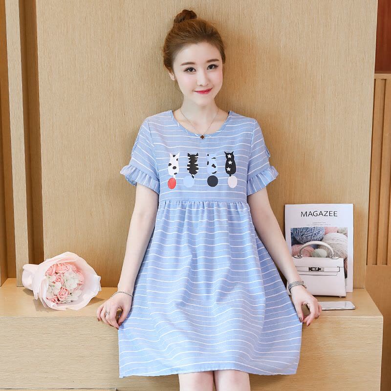 迪鲁奥(DILUAO) 2021新款孕妇装夏装连衣裙猫咪哺乳上衣短袖孕妇裙子图片
