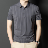 夏季翻领无痕短袖T恤男士竖条纹休闲polo衫男装潮流薄款冰丝半袖 175/L 灰色