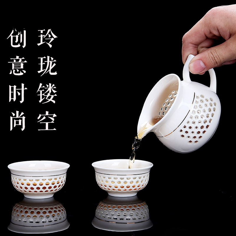 鼎亨陶瓷自动出水功夫茶具整套白瓷镂空创意工艺懒人不烫手茶杯套