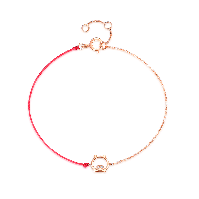 佐卡伊zocai18k玫瑰金本命年生肖猪钻石手链猪年红绳彩金镶钻猪猪手链