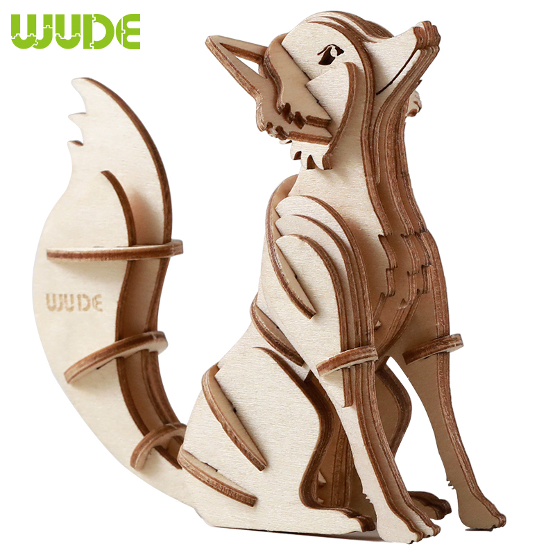 WUDE 狐狸动物木制立体3d拼图木质diy积木玩具儿童手工拼装模型组装插片摆件圣诞礼物