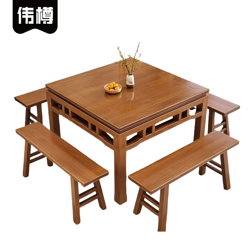 伟樽方桌餐桌118*118*77cm+长条凳*4套高清大图