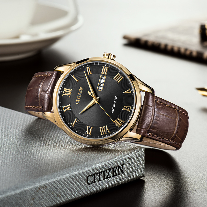 西铁城citizen自动机械小牛皮表带黑色表盘复古休闲男表nh836314hb