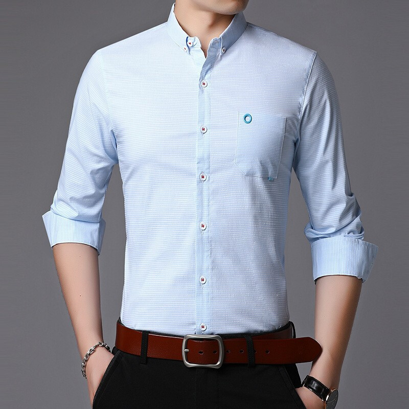 梵克公牛长袖衬衫男春秋新款中年男士休闲棉t纯色衬衣男