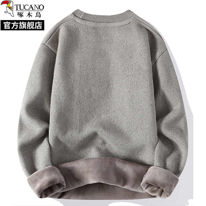 啄木鸟加绒加厚一体绒毛衣男2024冬季新款内搭保暖针织打底衫款款高清大图