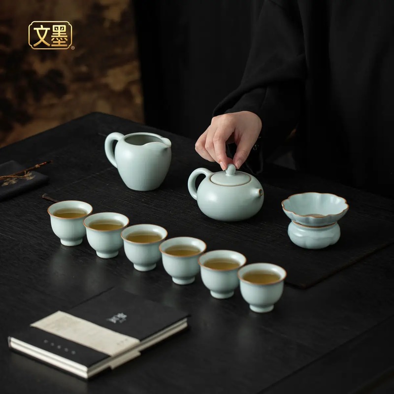 文墨天青汝窑西施壶10头茶具皮盒装WMRC07高清大图