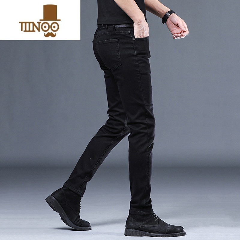 YANXU高端水洗不掉色黑色牛仔裤男士修身小脚夏季薄款弹力休闲裤子高清大图
