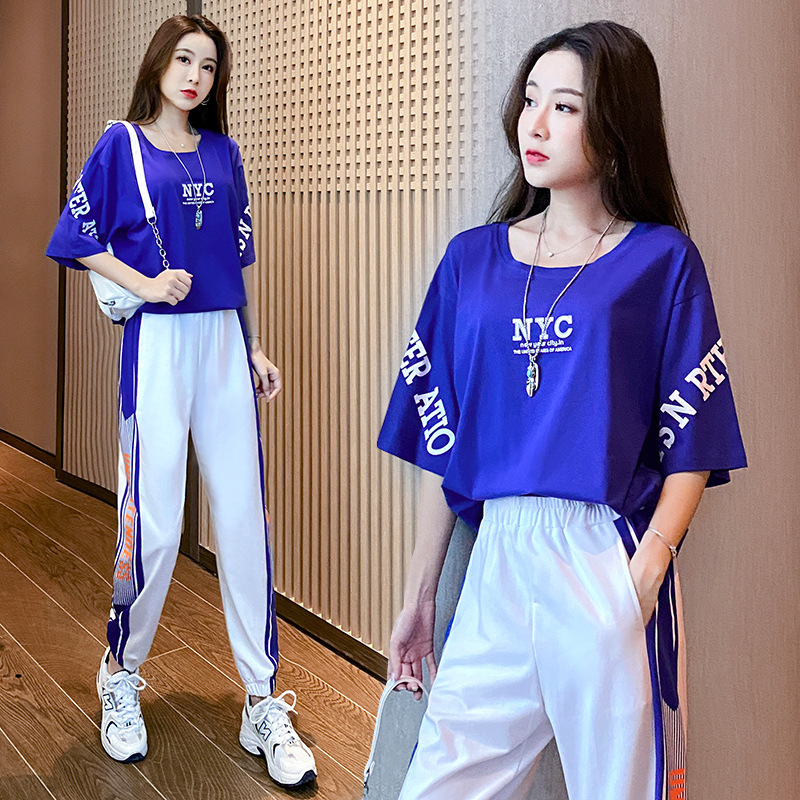 夏季短袖套装女时尚宽松t恤长裤女士运动套装休闲女装两件套麟名视频