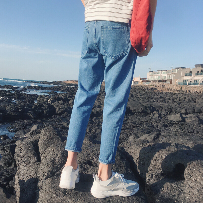 2018夏季牛仔裤男士韩版潮流修身学生裤子直筒小脚九分裤lm蓝色