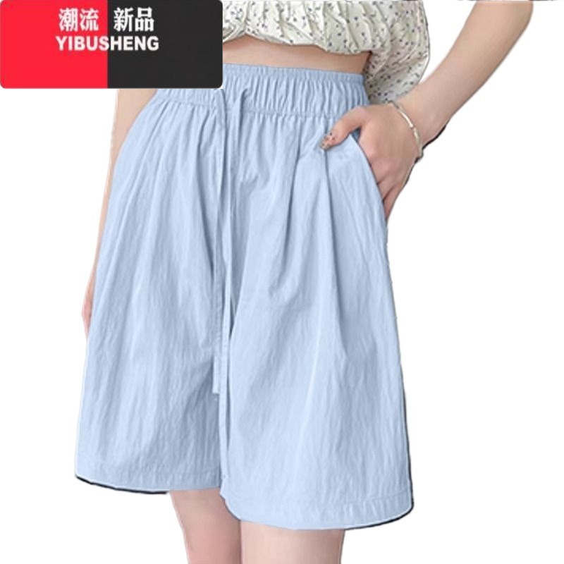 YIBUSHENG冰丝薄款山本短裤女季2024新款纯色高腰休闲阔腿中裤运动五分裤高清大图