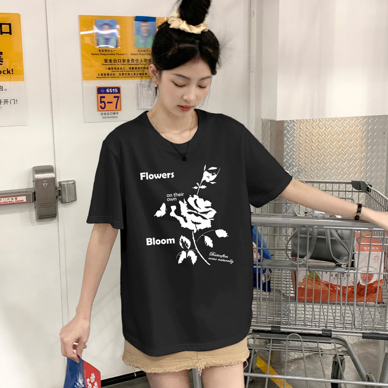 [2.5折价46元]唐狮夏季女圆领前胸花朵图案短袖T恤韩系百搭慵懒风时尚潮流