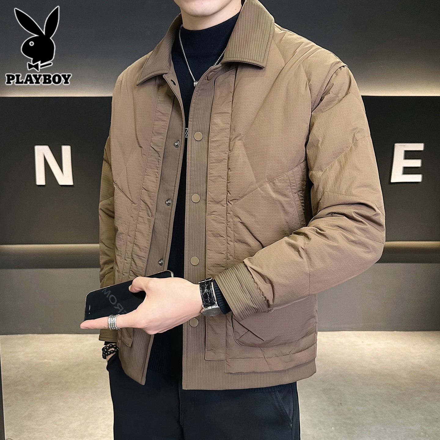 花花公子加厚羽绒服男士短款夹克2025年冬季拼接潮流休闲翻领外套