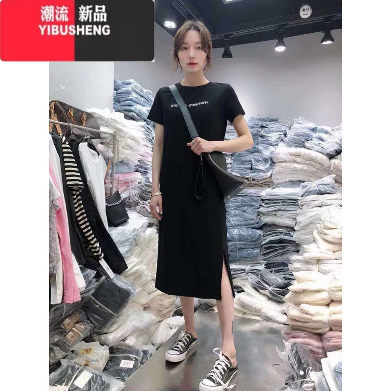 YIBUSHENG过膝长裙季短袖T恤女中长款2024新款连衣裙宽松设计感小众显瘦