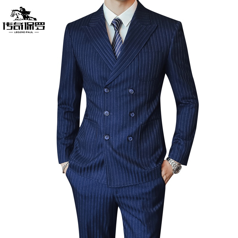保罗chuanqibaoluo西服套装男士三件套商务正装条纹修身三排扣西装
