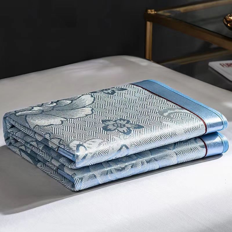 夏季凉席1.8m床1.5m可折叠冰丝席三件套0.6米0.9m宿舍学生草席子 春色花开-蓝色 宽120X195cm【单凉席】