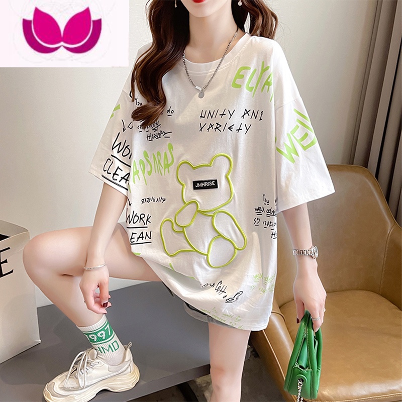 七斓短袖T恤少女孩夏装2023新款初中高中学生宽松休闲小熊可爱上衣服