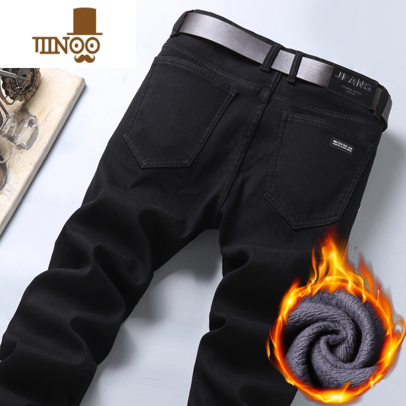 YANXU款加绒牛仔裤男2022年新款冬季保暖宽松直筒弹力黑色男士裤子高清大图