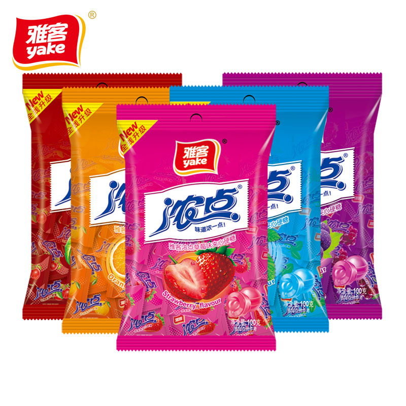 雅客浓点夹心水果硬糖100g*5袋草莓味休闲零食散装糖果约100粒