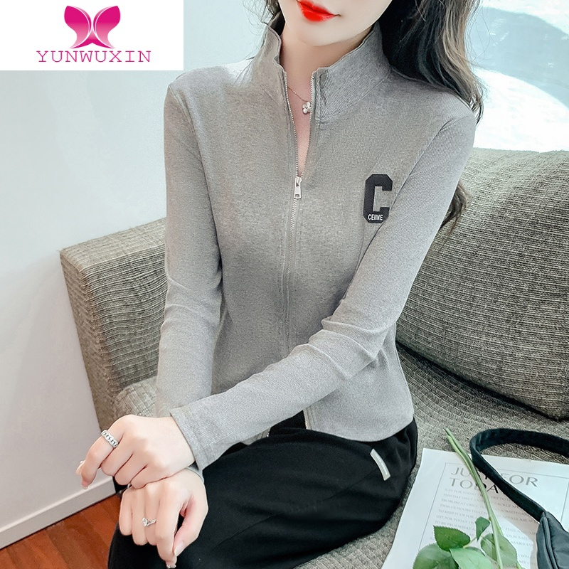 YUNWUXIN拉链长袖t恤卫衣女2022秋季新款内搭打底衫短款上衣立领开衫外套T恤