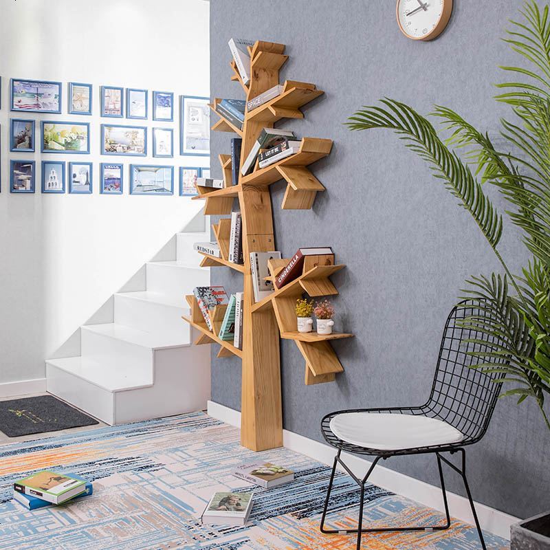 创意实木艺术书架树形书架墙壁落地书架置物架背景装饰架儿童