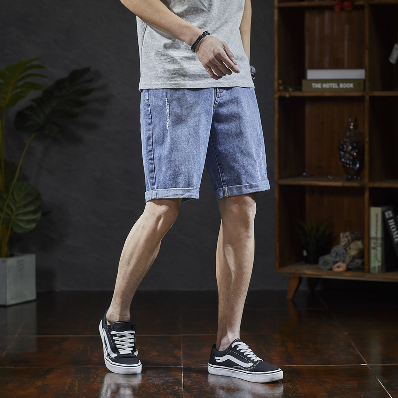 2件25折价99元唐狮夏季新款破洞牛仔短裤男五分裤宽松男士牛仔短裤