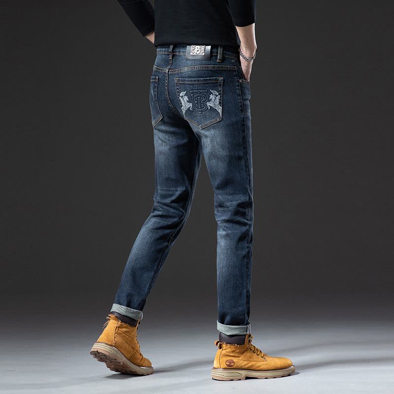 欧货牛仔裤男士修身小直脚弹力裤子潮牌TB加厚秋冬款棉质水洗蓝色图片