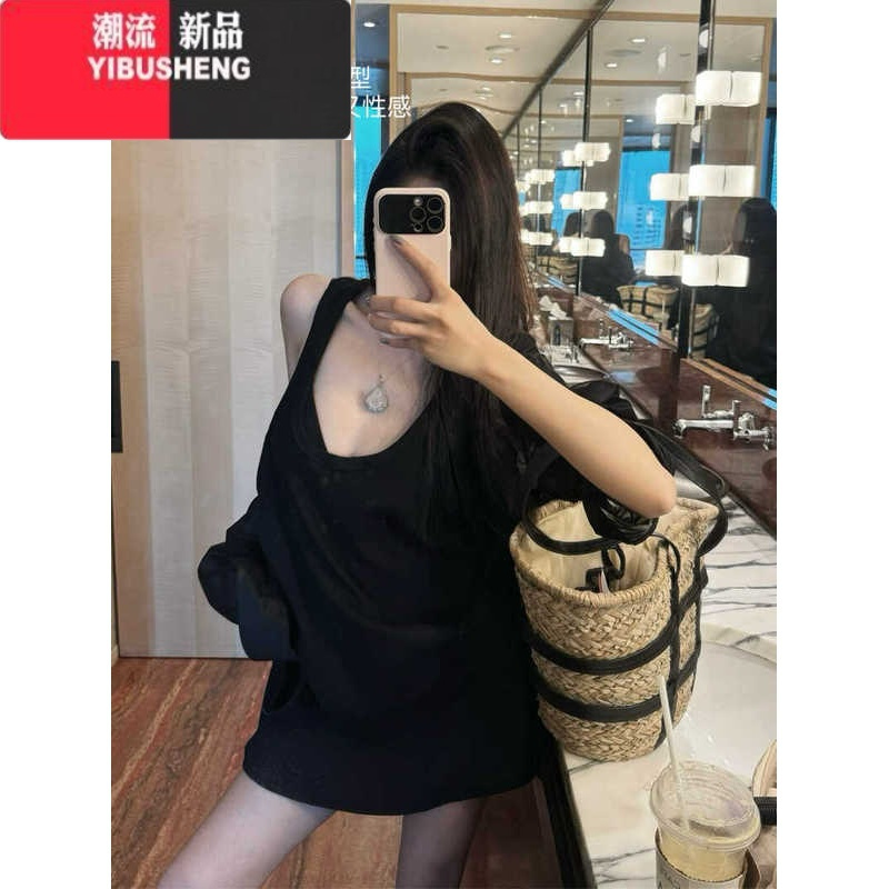 YIBUSHENG慵懒风高级感松弛感穿搭微透防晒衬衫宽松大版V领白色背心连衣裙