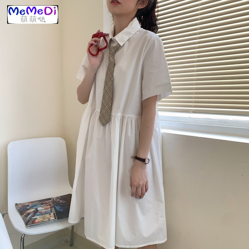 2020夏季新款法式少女娃娃裙宽松Polo领短袖领带小个子桔梗连裙