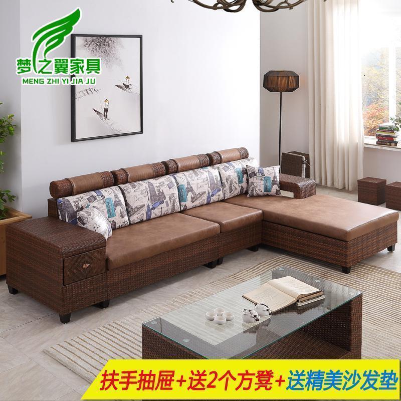 藤沙发组合客厅三人现代转角仿藤编布艺沙发大小户型储物藤椅沙发_2_766 小户型双+贵妃2.5米+藤垫组合