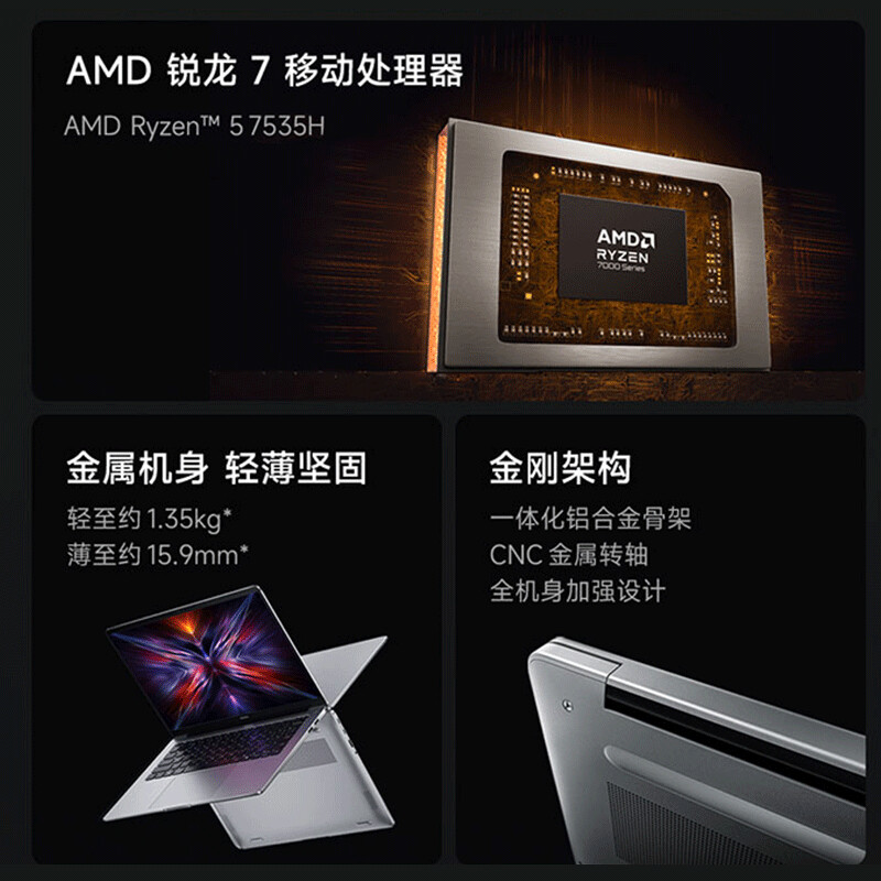 小米笔记本电脑 红米 RedmiBook 14 酷睿标压R7-7735H 高清屏 轻薄本 16G内存 2TB固态 银 定制高清大图