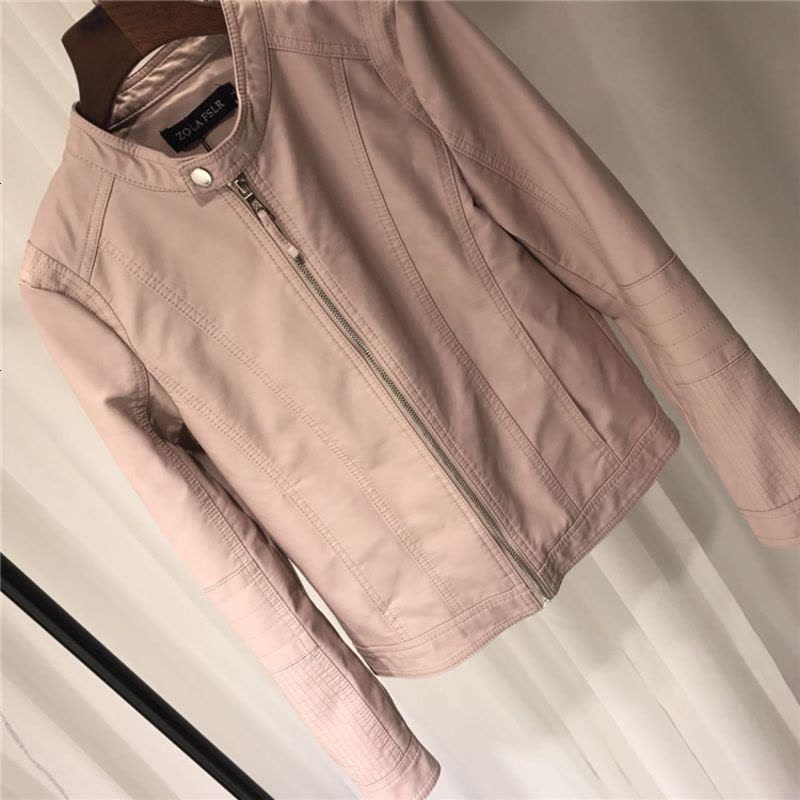 皮衣女短款修身pu皮夹克2018春秋装新款欧美粉色立领机车小外套潮图片