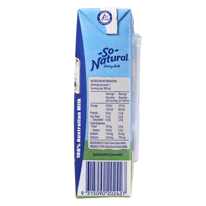 澳大利亚 澳洲原装进口牛奶 澳伯顿So Natural 全脂纯牛奶 200ml*24整箱装