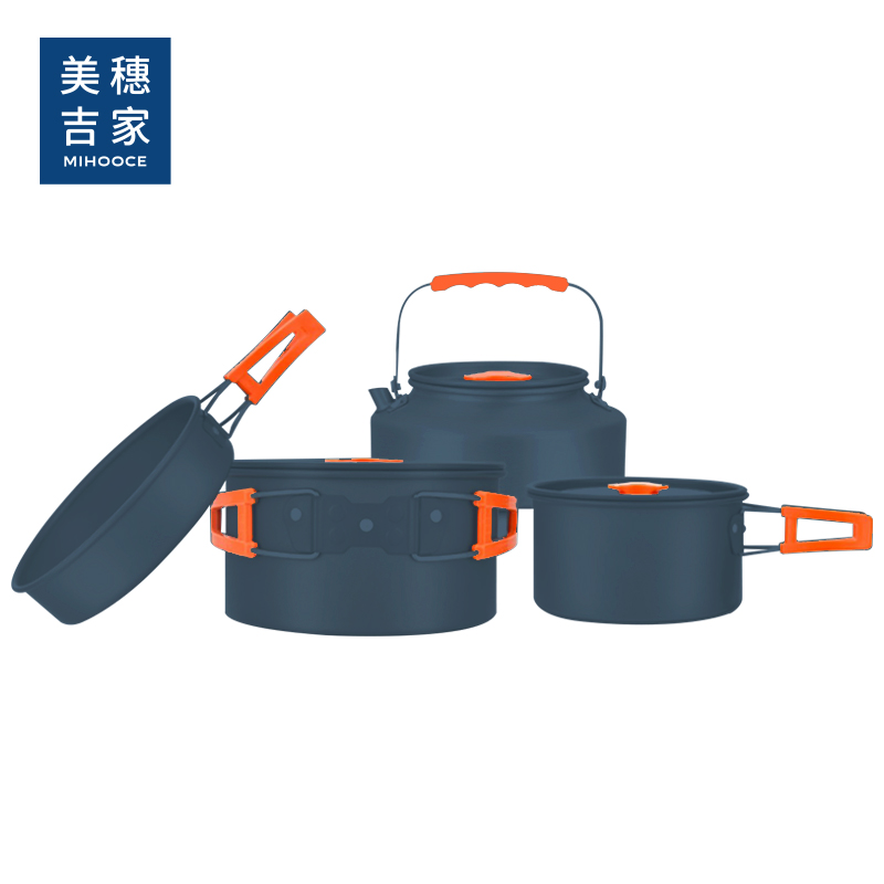 美穗吉家 户外露营锅具套装四件套(1.1L水壶(带盖)+大锅3L(带盖)+中锅2L(带盖)+煎锅1.7L)