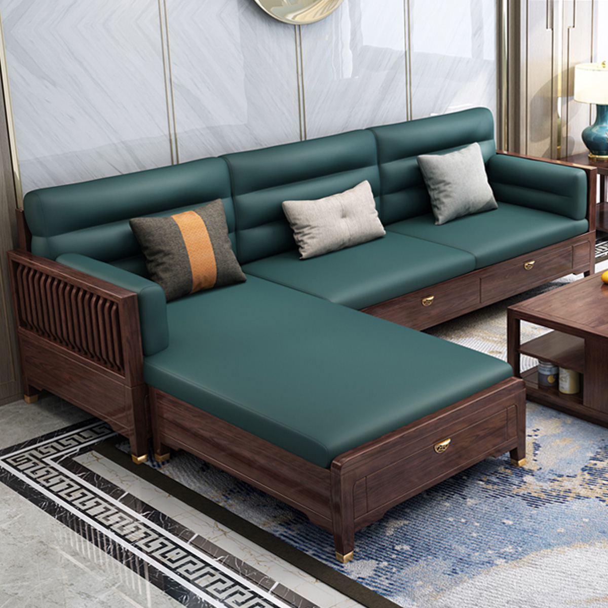 采百木(caibaimu)新中式红橡木沙发带抽屉储物贵妃转角全实木客厅家具