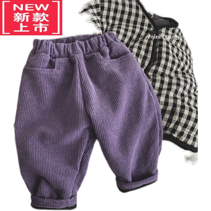 可莉允韩国复古紫色~儿童加绒保暖灯芯绒休闲裤子男女宝宝长裤萝卜裤冬保暖裤图片