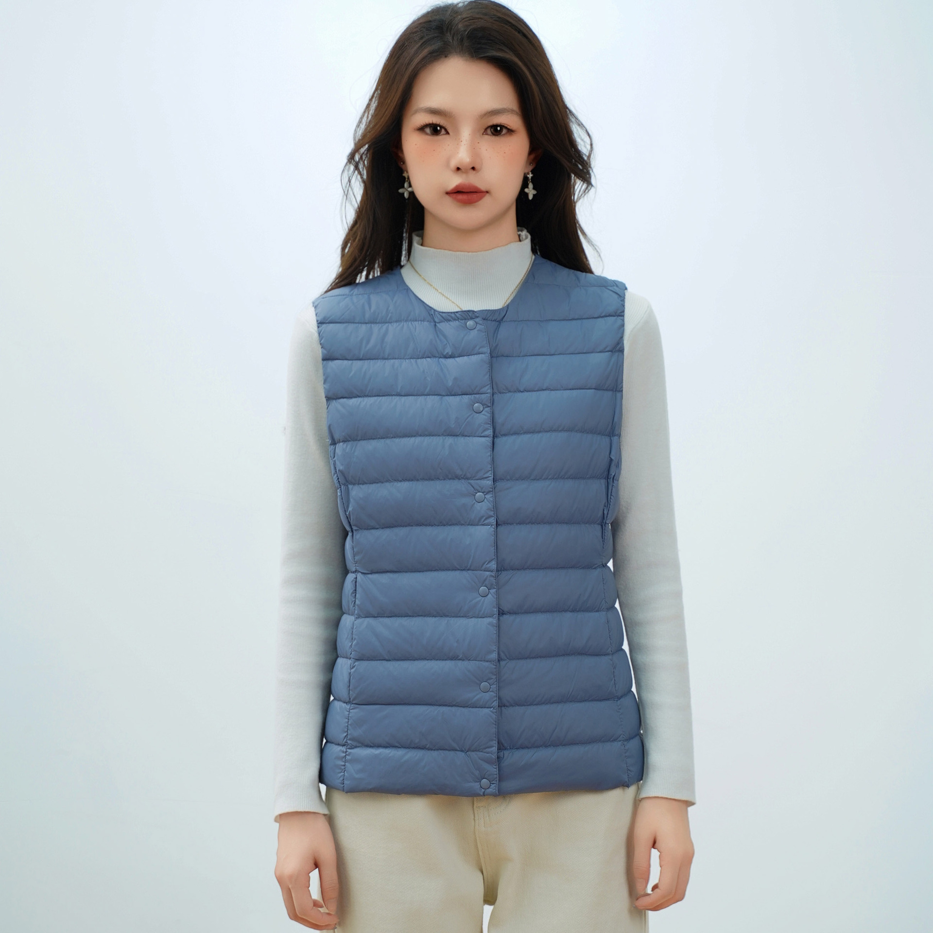 女式新国标90绒新款女装圆领V领轻便羽绒服背心羽绒马甲 雾霾蓝 S